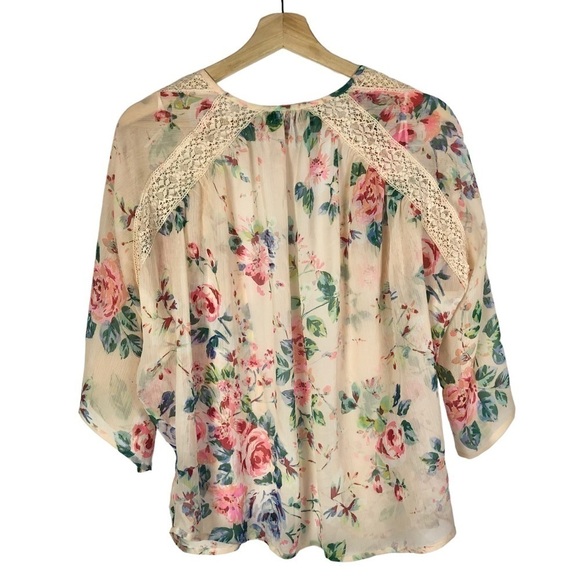 Express Cream & Pink Floral Short Sleeve Kimono XS - Picture 2 of 3